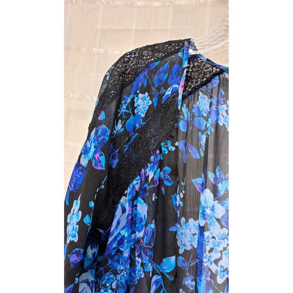 Express Floral Kimono Cardigan Blue Purple Lace Crochet Trim Sheer Chiffon XS - Picture 3 of 7
